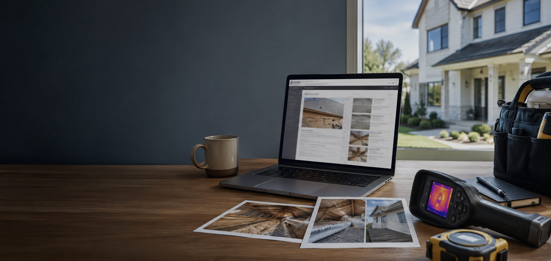 Professional home inspection desk with report materials and inspection tools